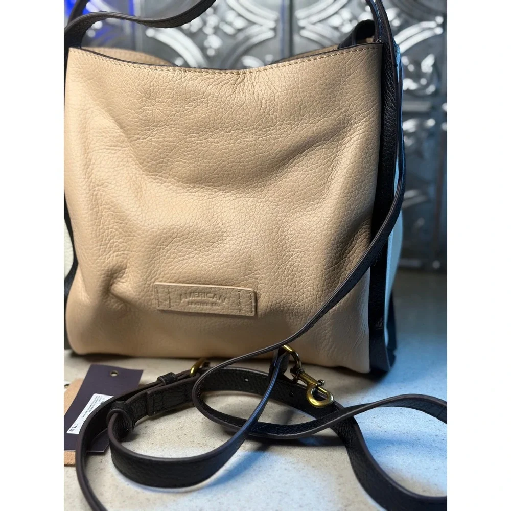 American Leather Co Satchel Macadamia Colorblock Triple Entry Pebbled Leather OS